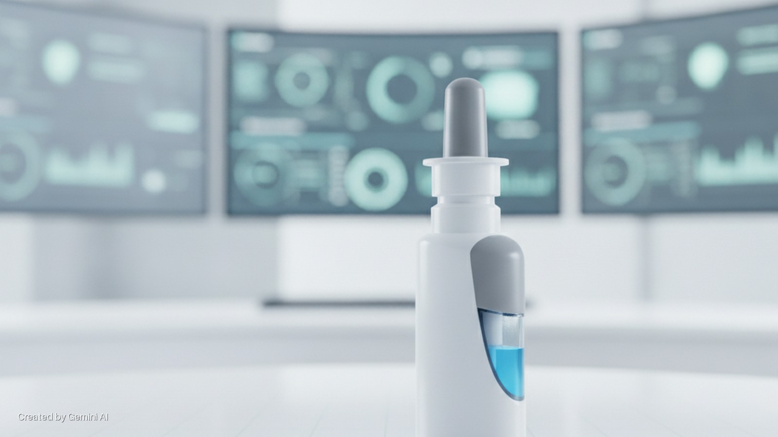 A white and grey nasal spray bottle containing blue liquid stands on a white surface in a brightly lit modern setting, with three blurred computer monitors displaying abstract data in the background.