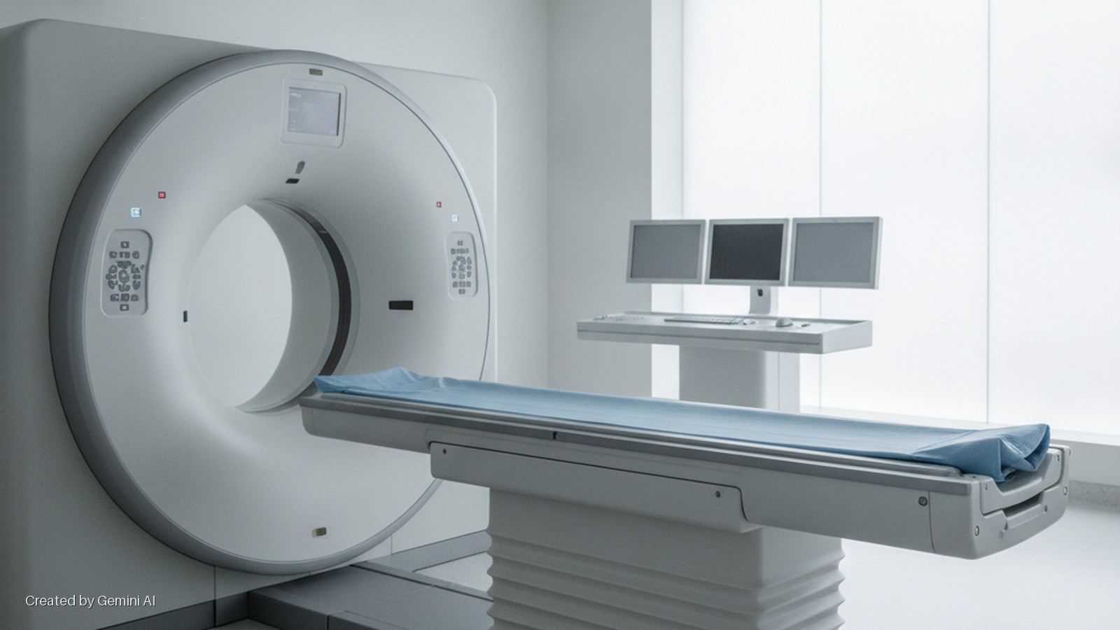 Brightly lit medical imaging room with a white CT scanner, a patient table covered by a blue sheet, and a desk with three computer monitors.