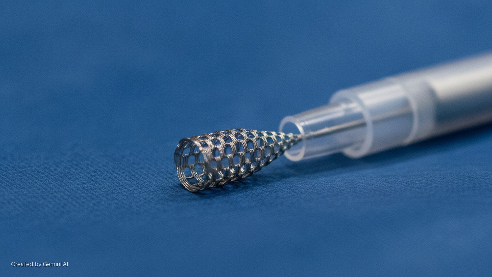 A conical metal mesh structure attached to a translucent plastic tube rests on a blue textured fabric, illuminated by soft, even lighting.