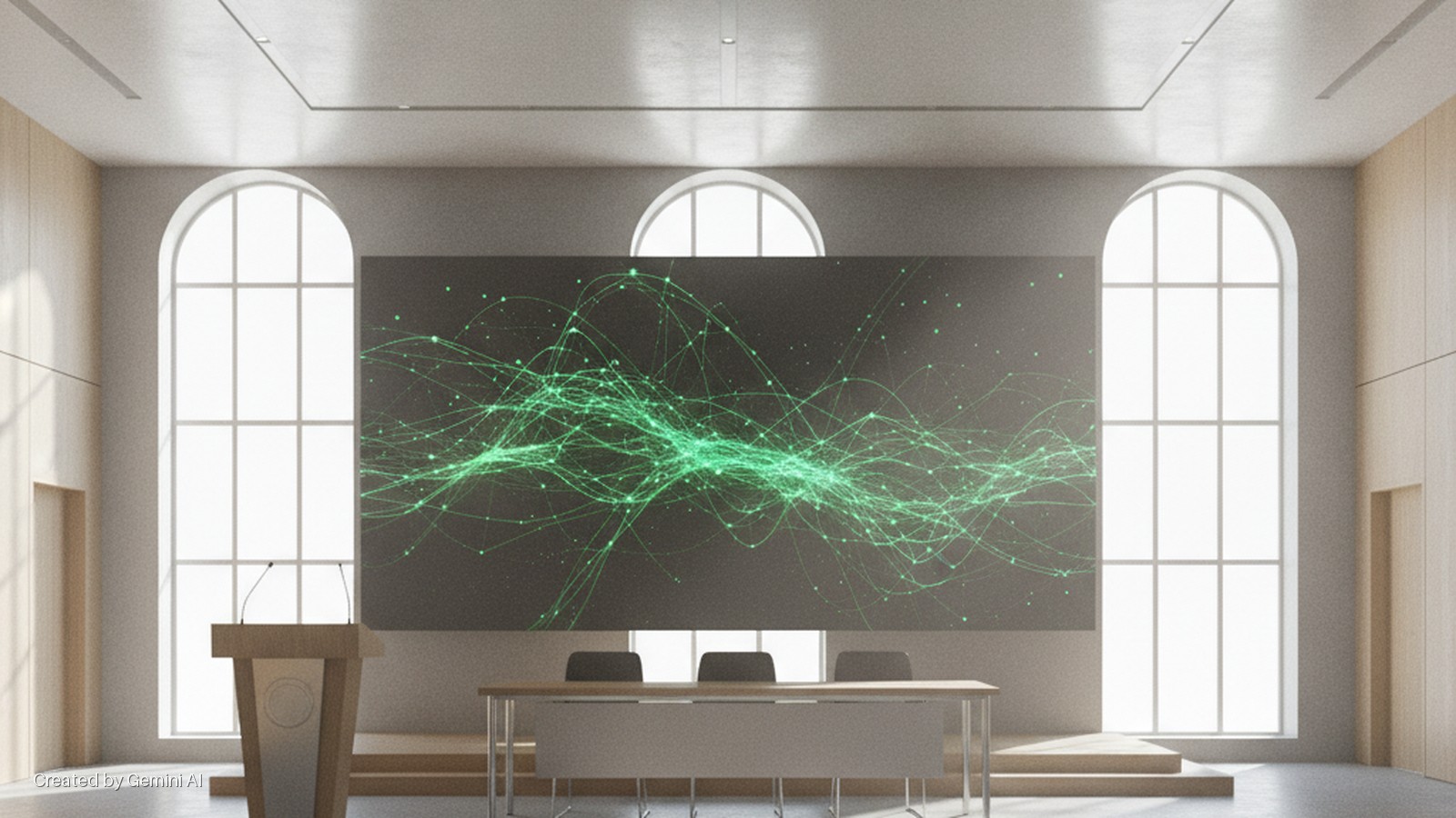 A bright conference room with three arched windows, a wooden podium with microphones, and a conference table with three chairs, features a large screen displaying a glowing green abstract network of lines and dots.