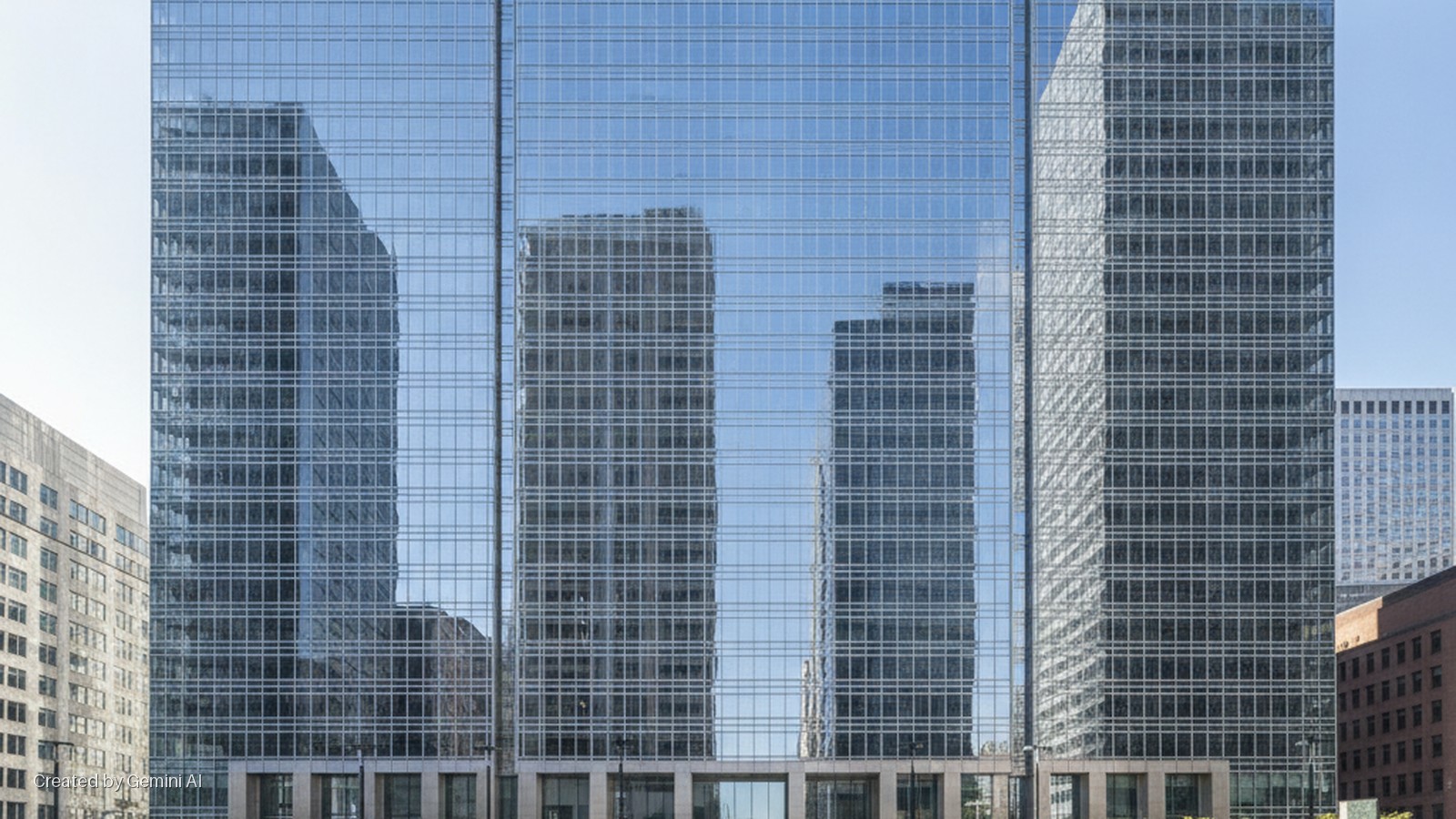 A modern glass skyscraper with grid patterns reflects other buildings under a clear blue sky during the day.