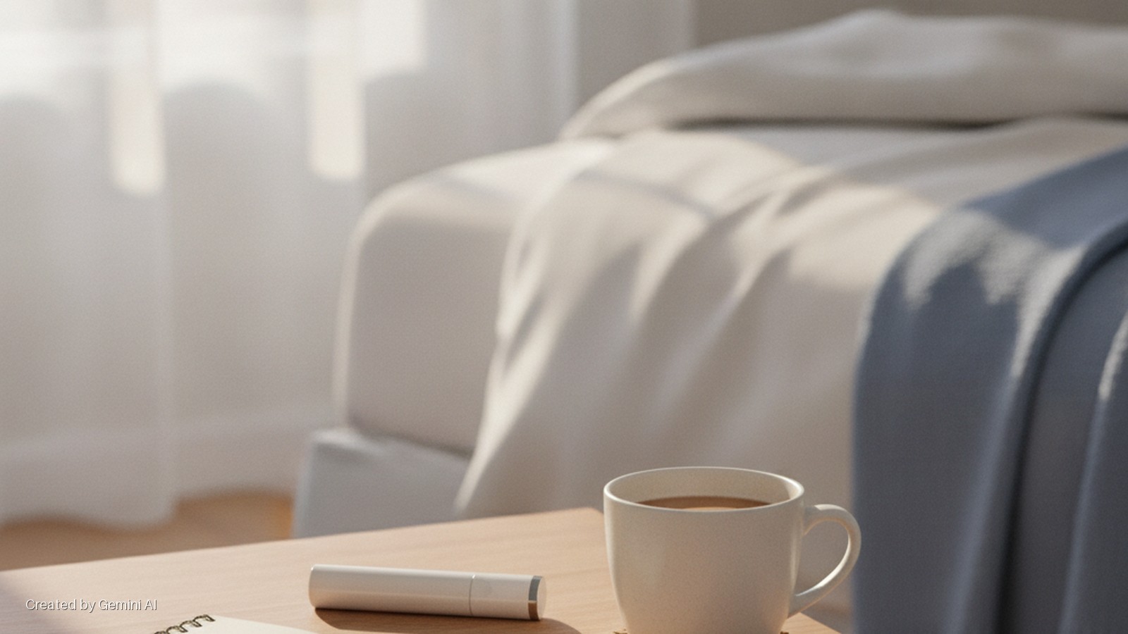 A white coffee mug, a white pen, and a spiral notebook rest on a light wood table next to a bed with white sheets and a blue blanket, illuminated by bright natural light streaming through a window.