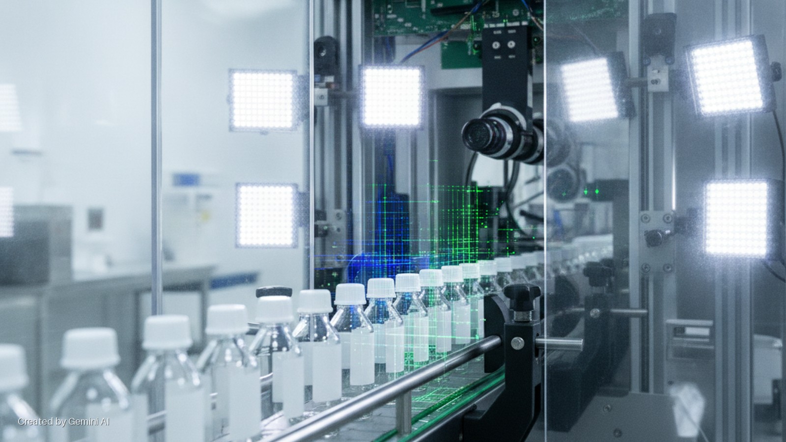 Clear bottles on a conveyor belt pass under an inspection camera and bright LED lights in a cleanroom manufacturing facility, with blue and green digital grid patterns overlaid.