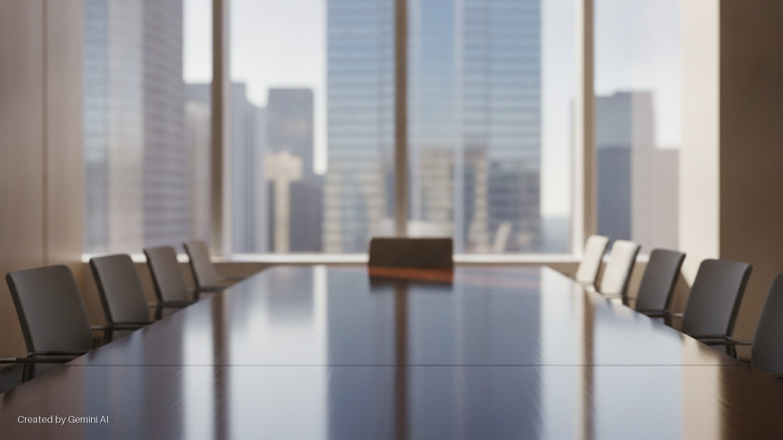 A brightly lit conference room features a long, reflective table surrounded by chairs, with blurred city buildings visible through the large window.