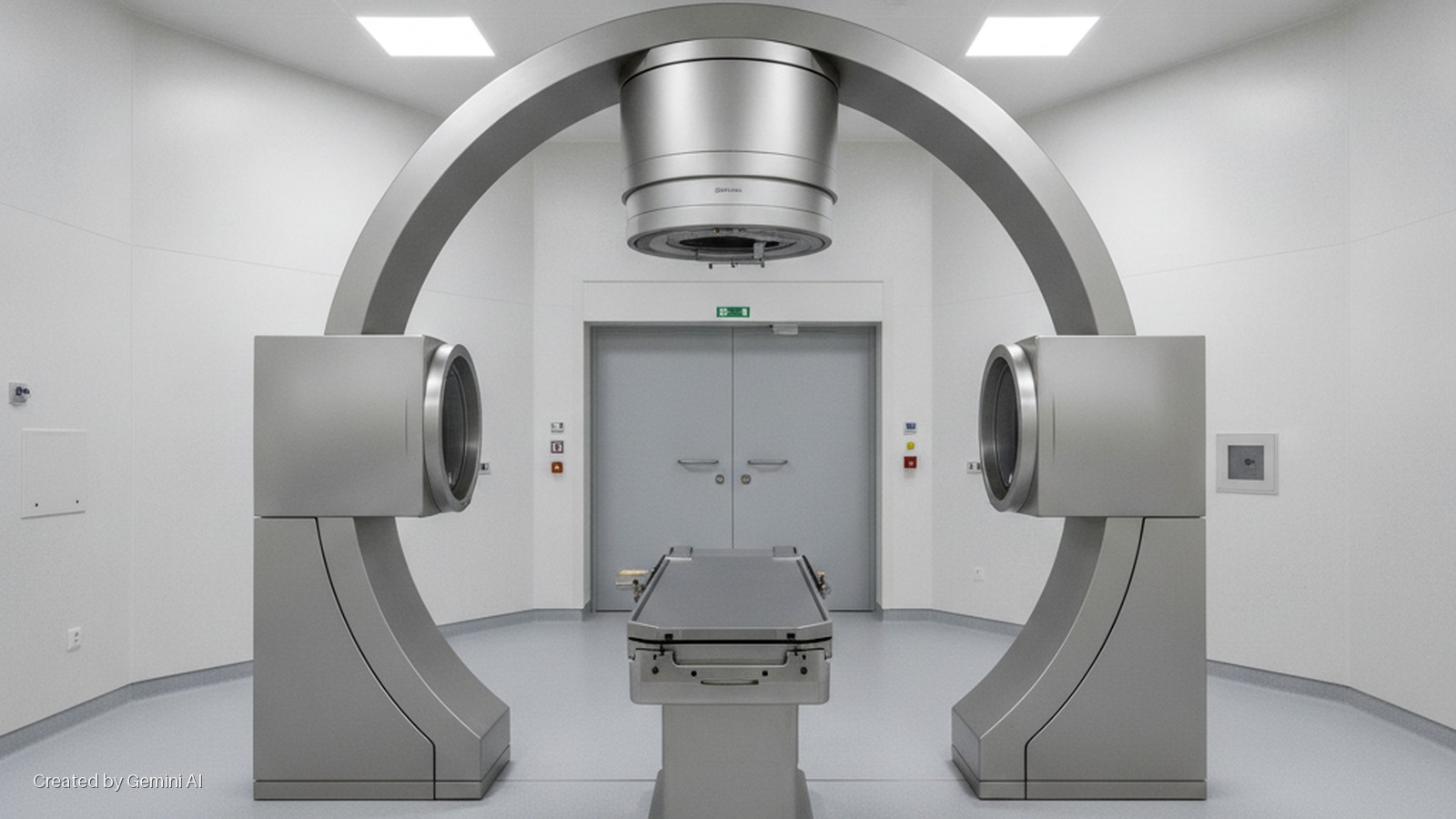 A large, silver proton therapy machine with an arched gantry, two side units, and a central patient table is positioned in a brightly lit, sterile white treatment room with a double door.