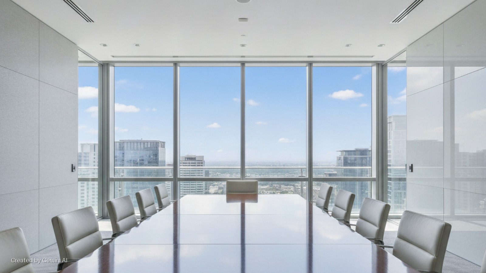 A bright, naturally lit conference room features a long, reflective dark table, light grey chairs, ceiling lights, and air vents, offering an expansive view of a city skyline through large windows under a blue sky.
