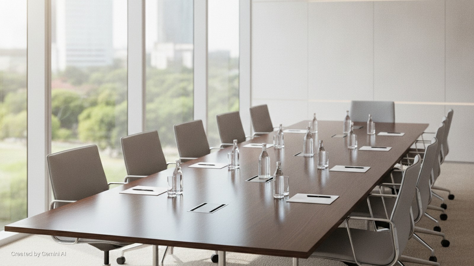 A modern conference room features a long wooden table set with water bottles and notepads, surrounded by grey office chairs, brightly lit by natural light streaming through large windows that reveal an urban landscape.