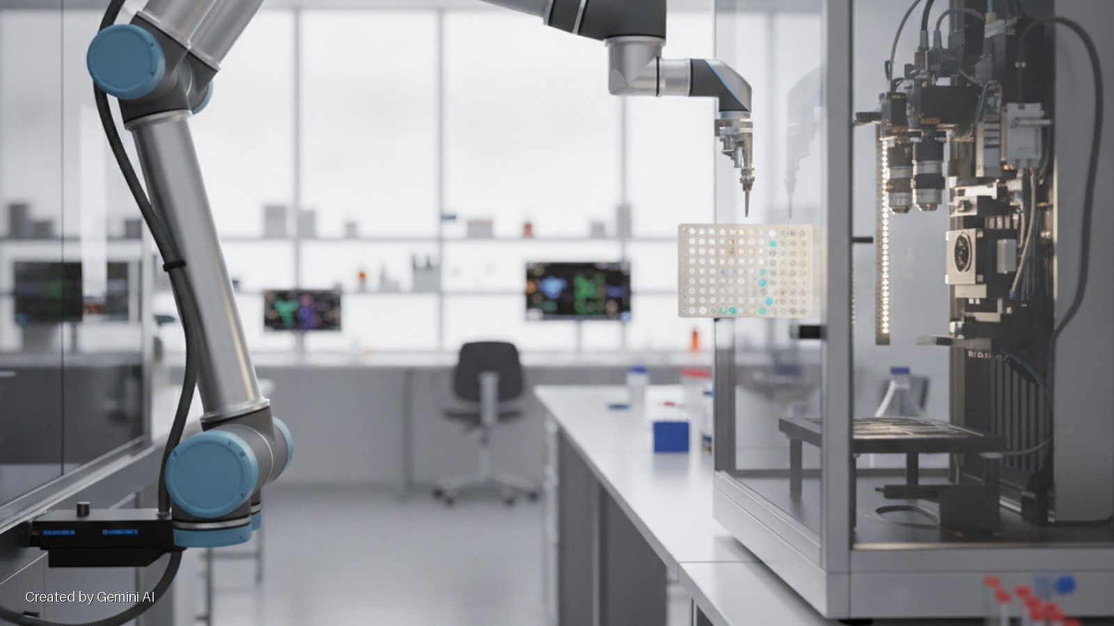 A gray and blue robotic arm precisely dispenses liquids into a white microplate, positioned next to a brightly lit automated instrument, within a clean, modern laboratory.