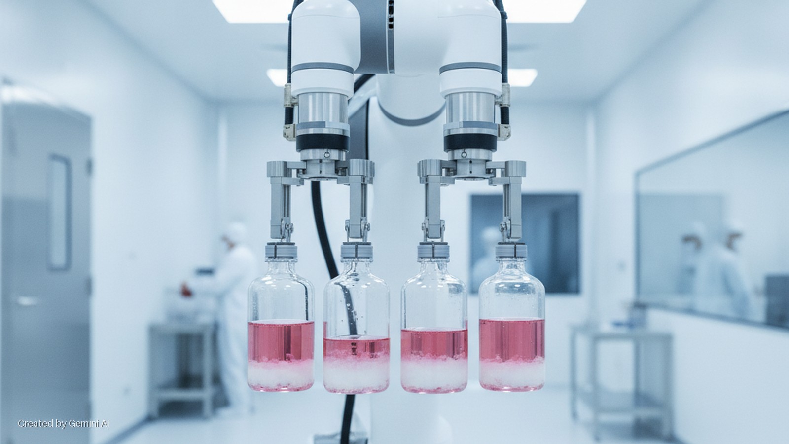 A robotic arm holds four glass vials containing pink liquid over a white solid in a brightly lit, sterile cleanroom, with blurred figures in protective suits working in the background.