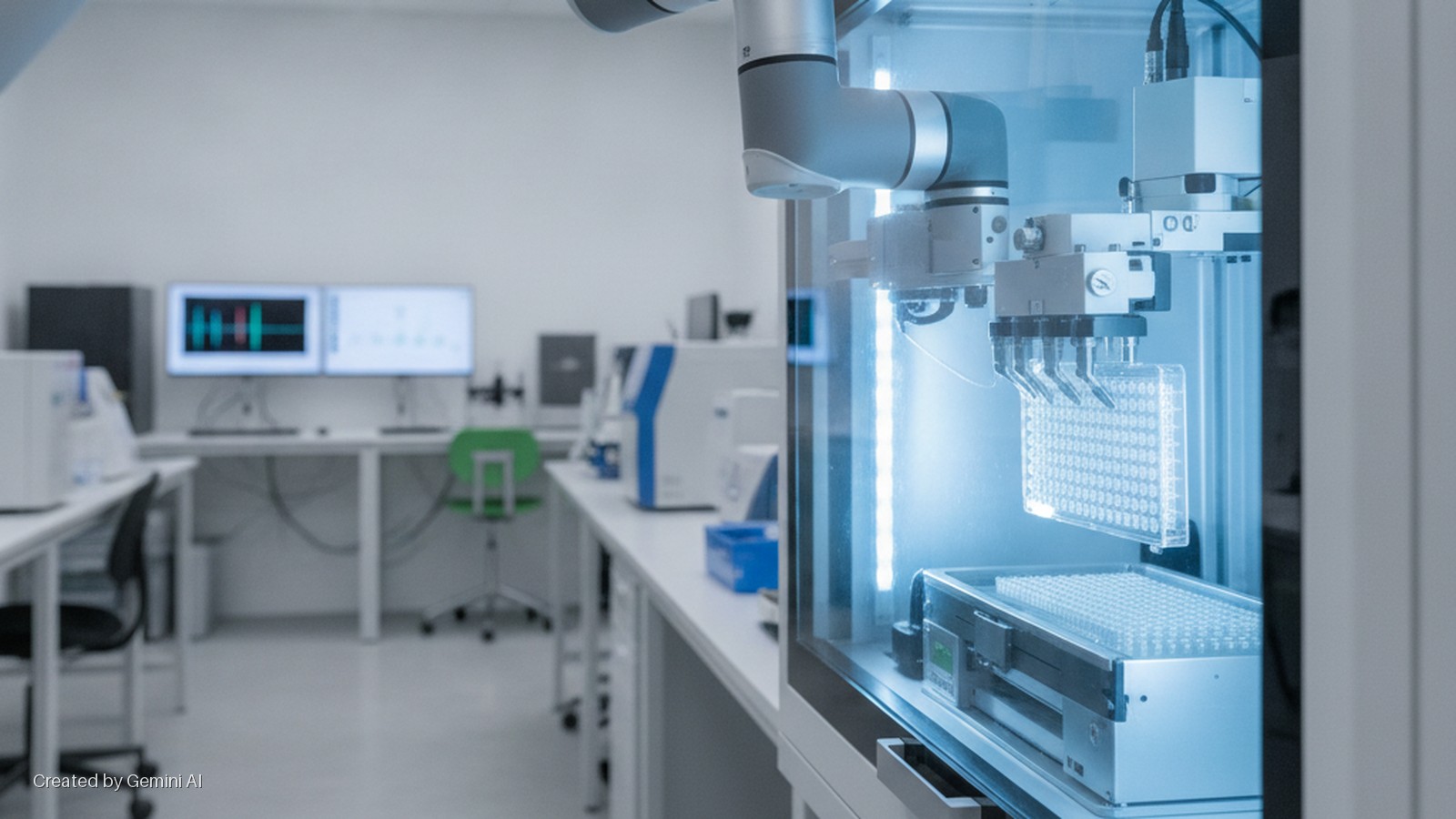 An automated liquid handling system operates on multi-well plates under bright blue light within a modern laboratory featuring multiple computer workstations and scientific equipment.