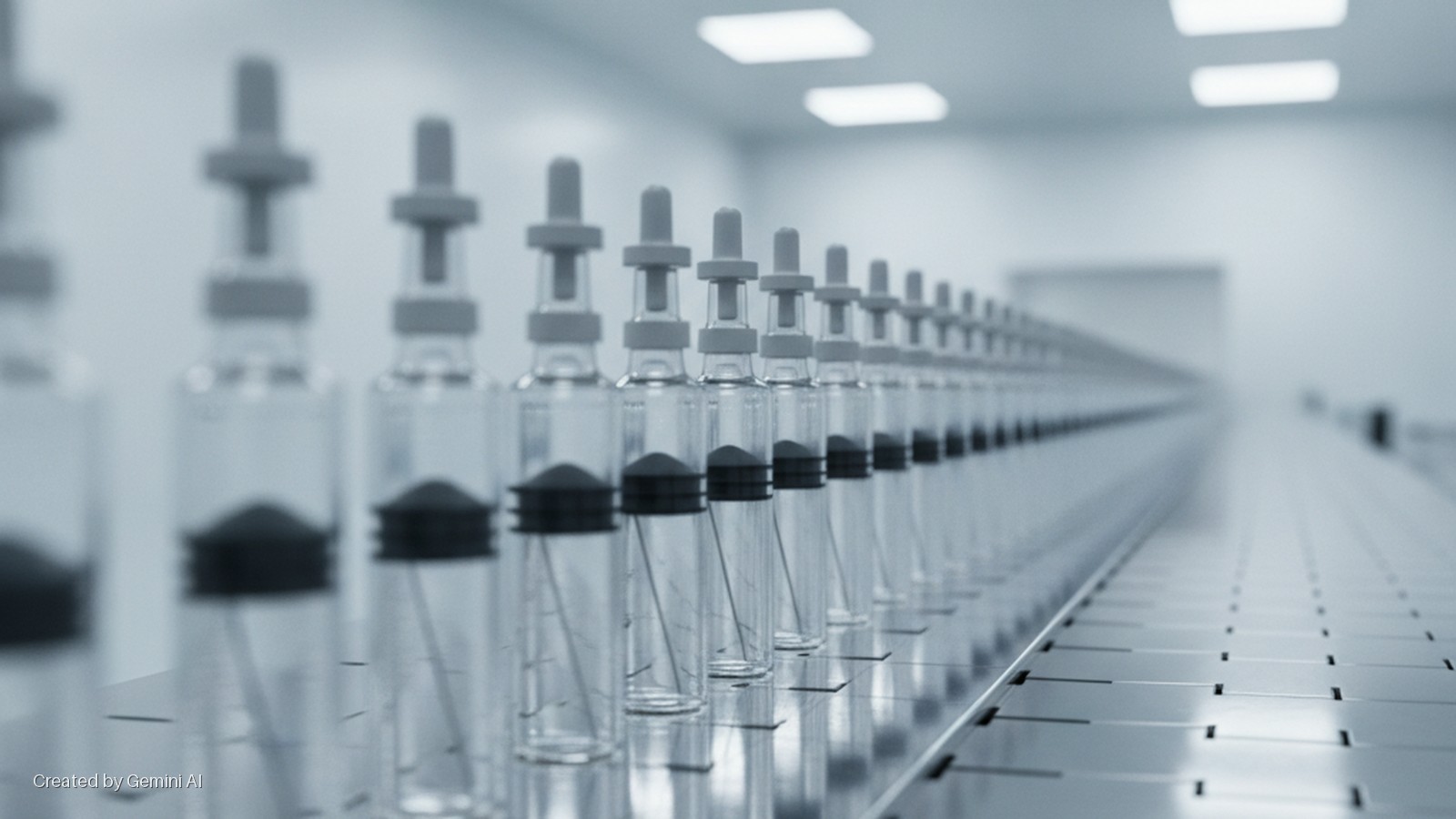 Rows of transparent vials with dark stoppers and light grey dropper caps stand in a long line on a metal conveyor belt in a brightly lit, sterile production facility.