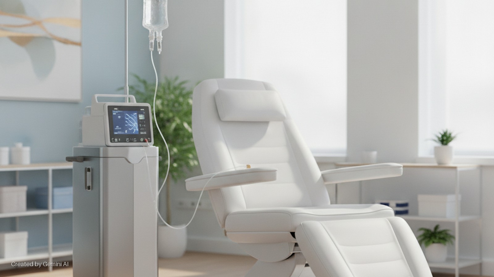A bright medical treatment room features an IV drip, a medical device on a stand, a white recliner chair, a shelving unit, and plants near a large window.