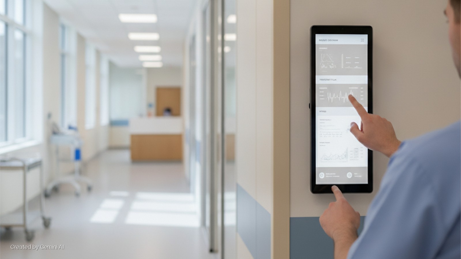 A medical professional in blue scrubs uses a wall-mounted tablet displaying patient data, in a brightly lit hospital hallway with windows, medical carts, and a reception desk.
