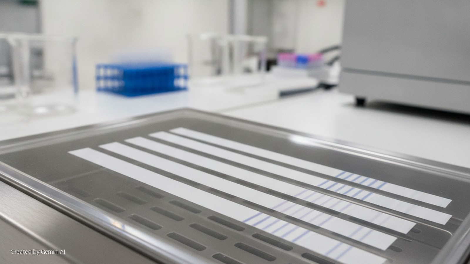 Five white test strips displaying faint blue lines rest in a clear-lidded gray tray on a white lab bench, with blurred beakers, blue test tubes, and laboratory equipment visible in the background under bright indoor lighting.