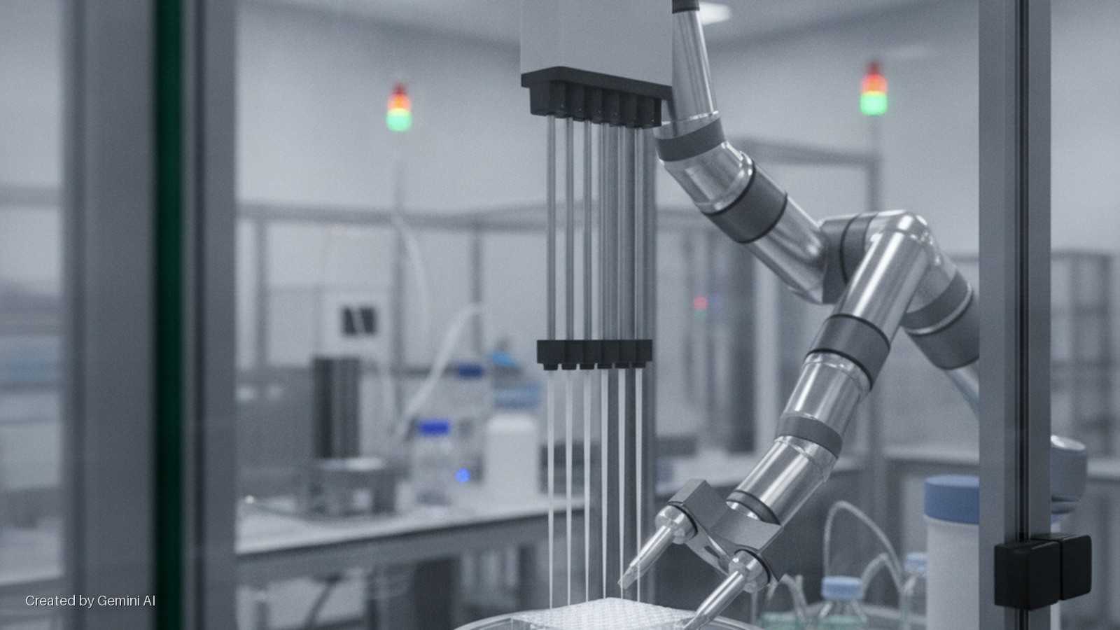 A silver robotic arm with a multi-channel pipettor dispenses into a white microplate in a brightly lit laboratory, with blurred scientific equipment and red and green signal lights in the background.