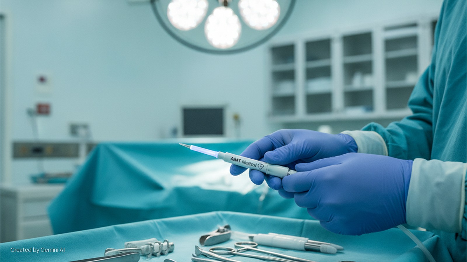 A surgeon in blue scrubs and gloves holds a white AMT Medical instrument with a glowing tip over a surgical tray of tools in a brightly lit operating room with an overhead lamp.