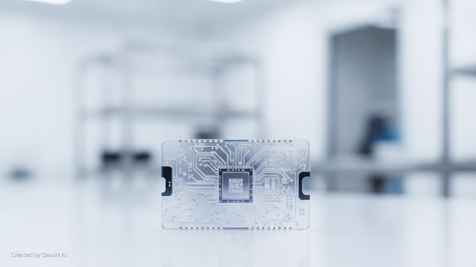 A transparent circuit board with an embedded microchip stands on a reflective white surface in a brightly lit, sterile room with a blurred background.