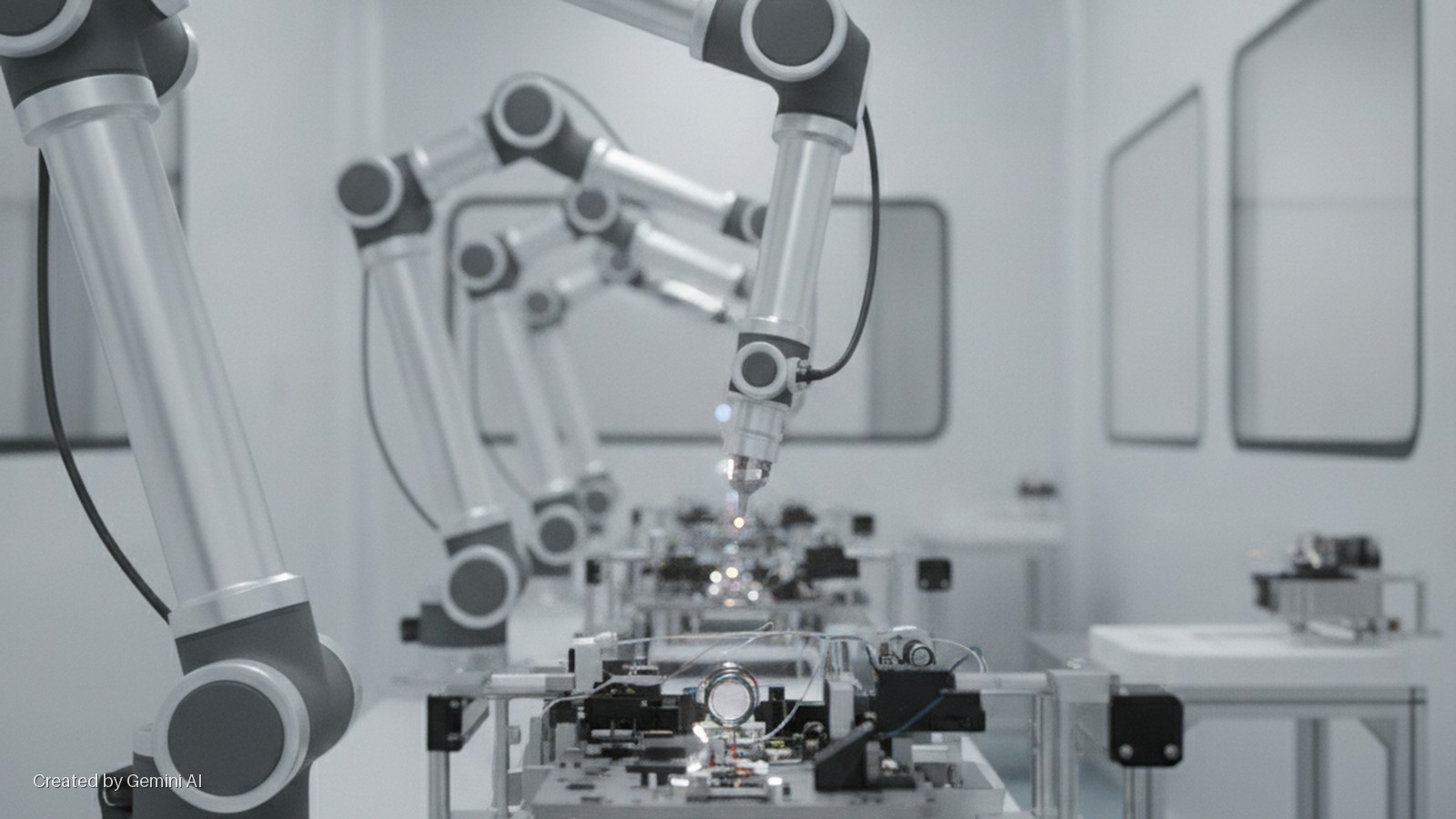 Multiple robotic arms precisely assemble electronic circuit boards on a production line in a brightly lit clean room.