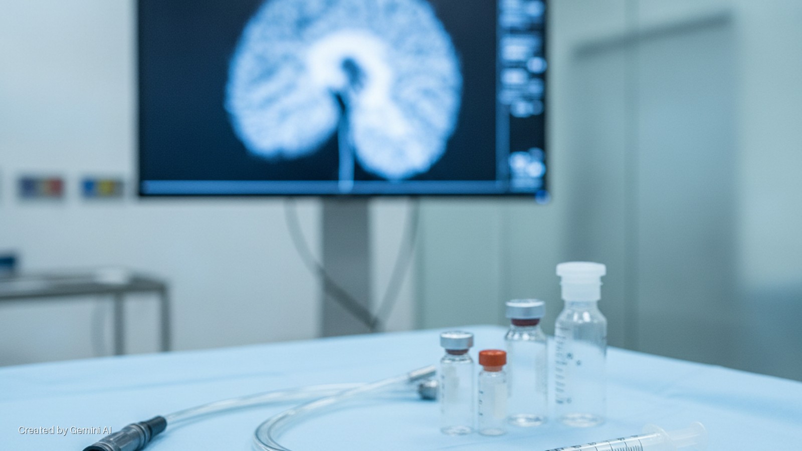 Medical vials, a clear tube, and a syringe rest on a light blue surgical drape in a brightly lit clinical setting, with a large monitor displaying a blue-toned brain scan in the background.