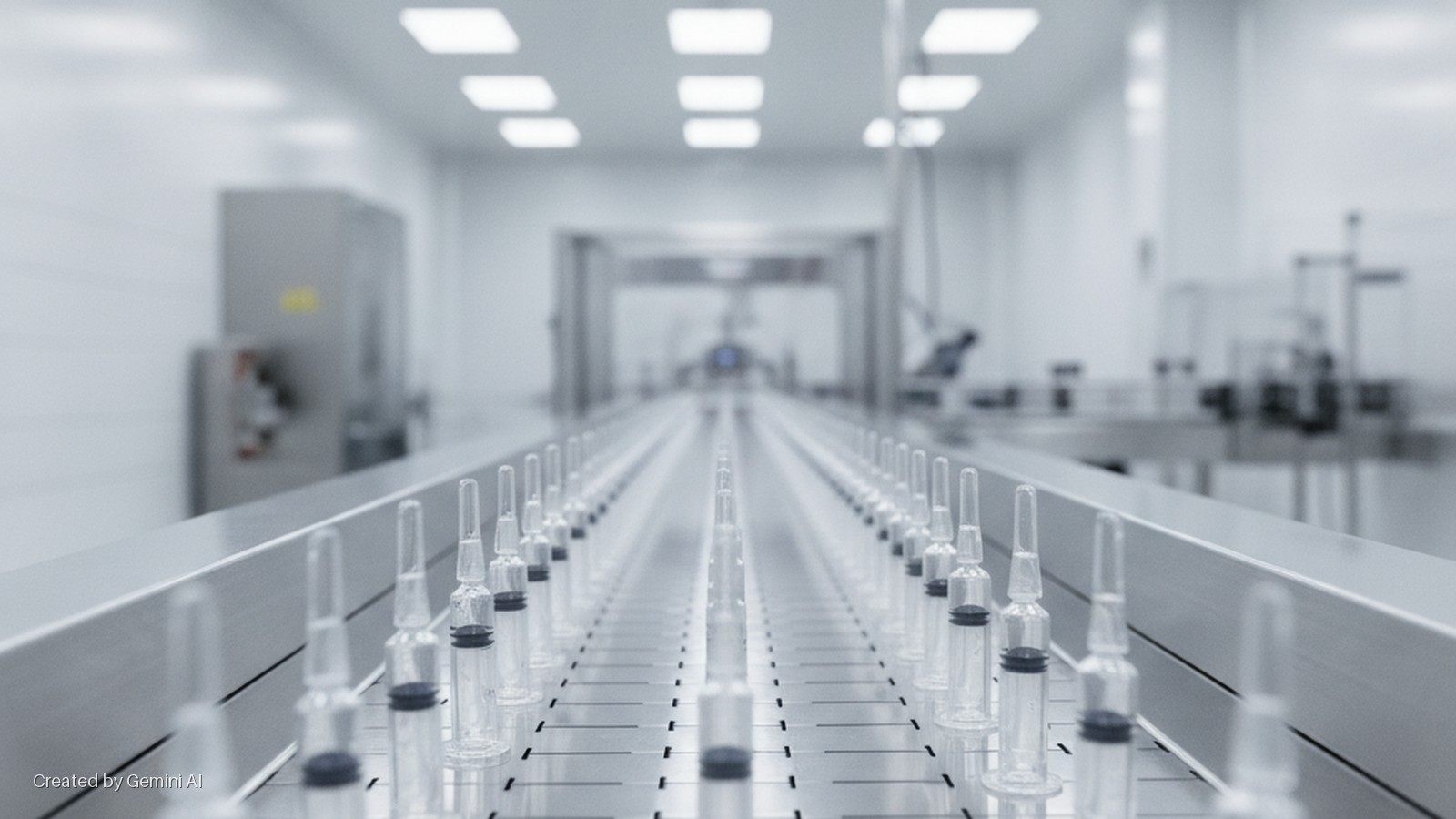 Clear glass ampoules with dark stoppers move along a conveyor belt in a brightly lit, sterile pharmaceutical manufacturing facility.