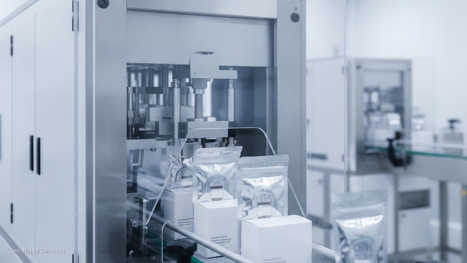 Brightly lit industrial packaging line with a silver machine processing white product boxes and silver foil pouches on a conveyor belt, next to white control cabinets.