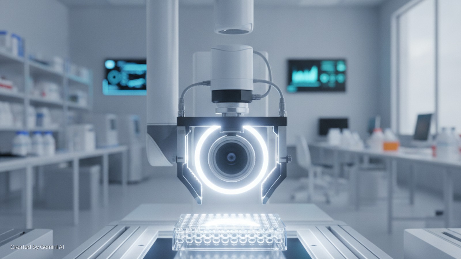 A robotic arm with a glowing ring-light camera inspects an illuminated well plate on an automated system in a bright laboratory.