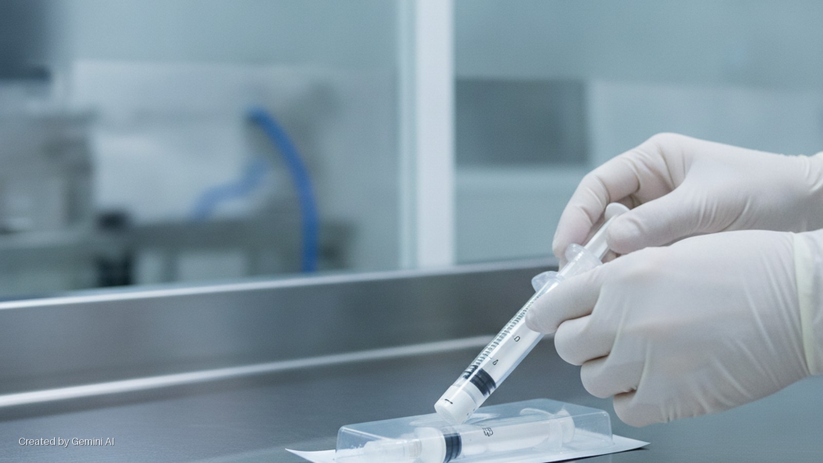 Gloved hands unpack a syringe from its sterile blister pack on a stainless steel counter in a coolly lit, medical laboratory.