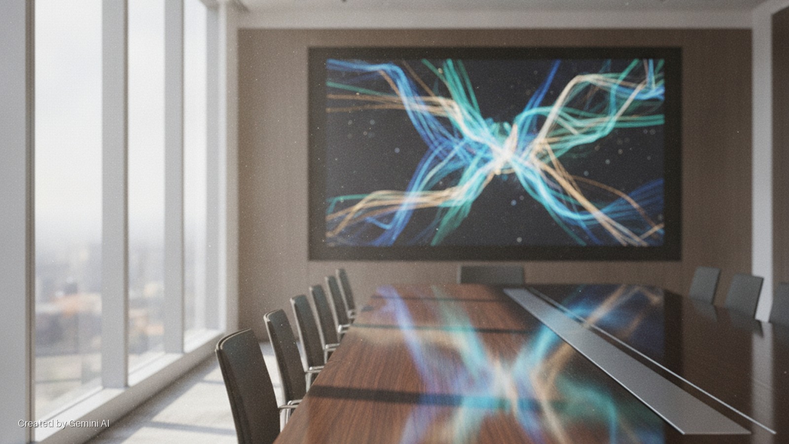 A modern conference room features a long dark wood table with a metallic strip, black chairs, and a large projection screen displaying abstract colorful light trails, all illuminated by bright natural light from tall windows overlooking a h
