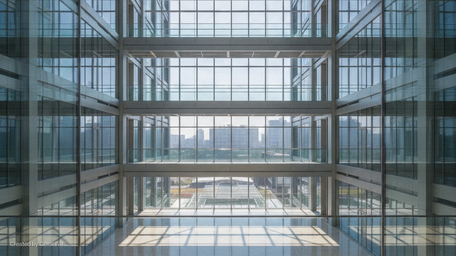 Multi-story glass facade of a modern building's interior atrium, showing a distant cityscape and ground-level plaza under bright sunlight casting geometric shadows on the reflective floor.