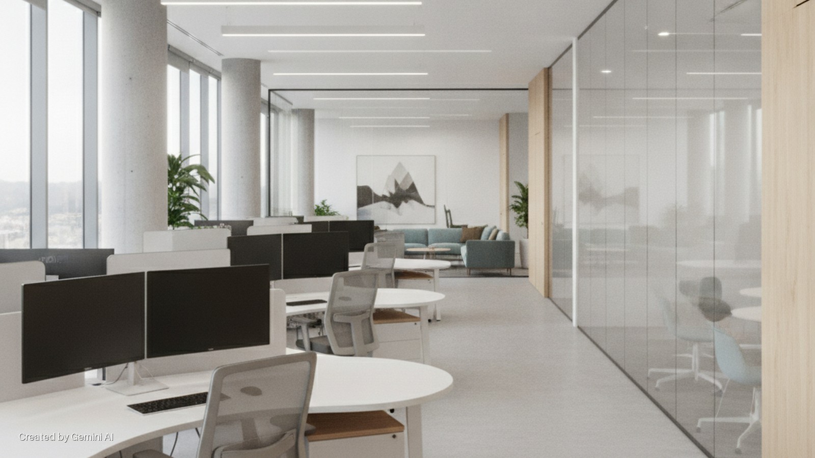 A bright, modern open-plan office features rows of white desks with monitors and grey chairs, concrete pillars, large windows, linear ceiling lights, and a lounge area with blue sofas and abstract artwork, separated by glass partitions.