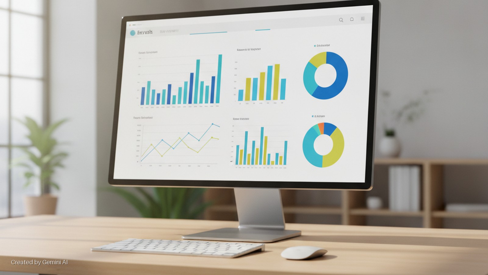 A computer monitor on a wooden desk displays data visualizations with bar graphs, line charts, and donut charts, accompanied by a keyboard and mouse, in a naturally lit office with a window and potted plants in the background.
