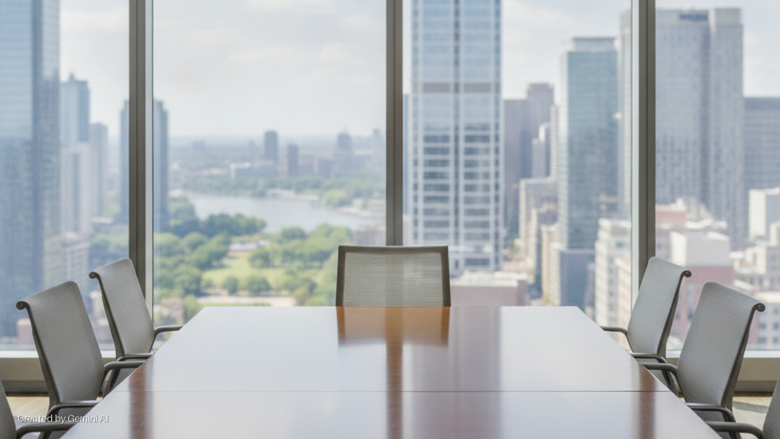 A modern conference table with several empty chairs is positioned in front of a large window, offering a bright, sunlit view of a distant city skyline and a winding river.