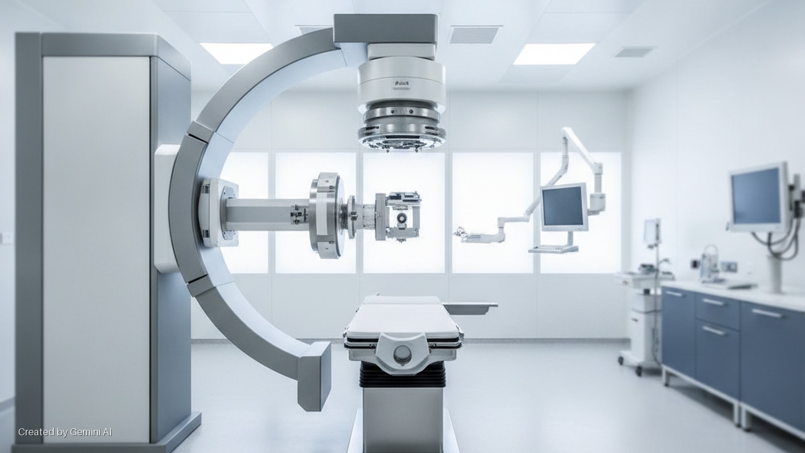 A brightly lit, sterile medical treatment room features a Vero radiation therapy machine with a C-arm, a patient examination table, multiple wall-mounted monitors, and blue medical cabinets.