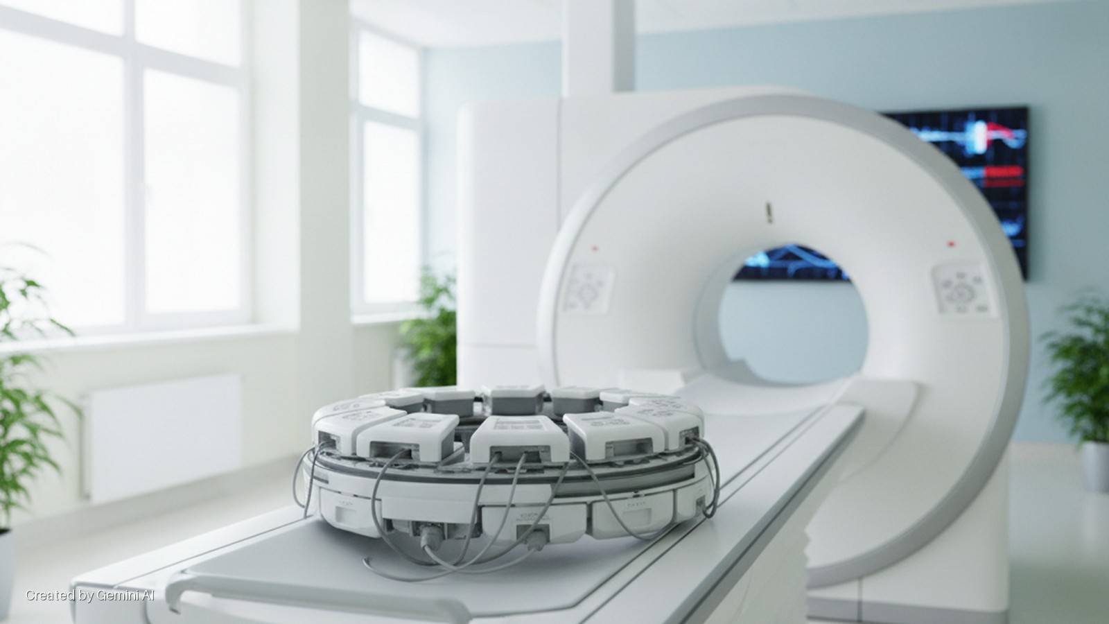 A bright medical examination room with large windows and potted plants features a white medical imaging machine (CT or MRI scanner) with a circular array of sensor modules resting on its patient bed, and a wall monitor displaying complex da