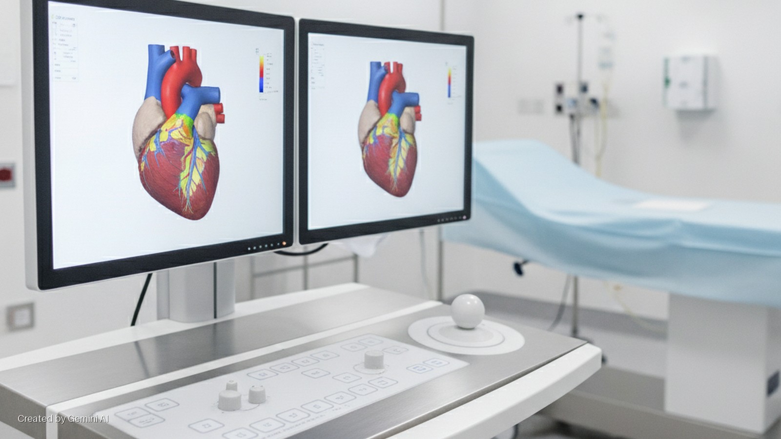 Two monitors displaying a 3D human heart model are situated on a medical control panel with a trackball and knobs in a brightly lit clinical room with an examination table in the background.
