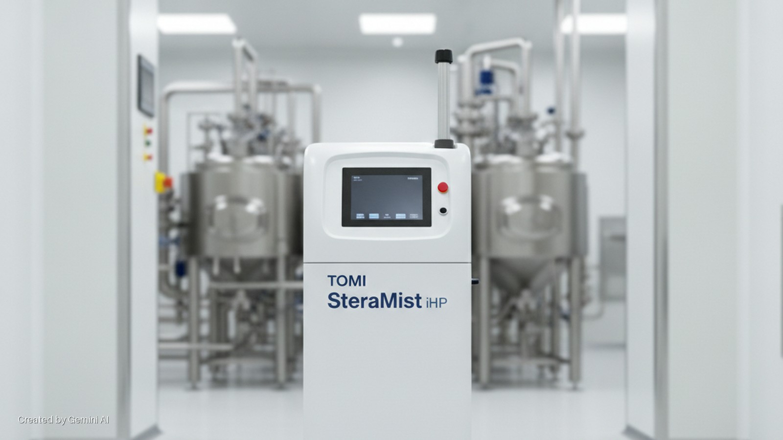 A white TOMI SteraMist iHP disinfection unit with a touchscreen and red button stands in a brightly lit cleanroom, with large stainless steel bioreactors and industrial piping blurred in the background.