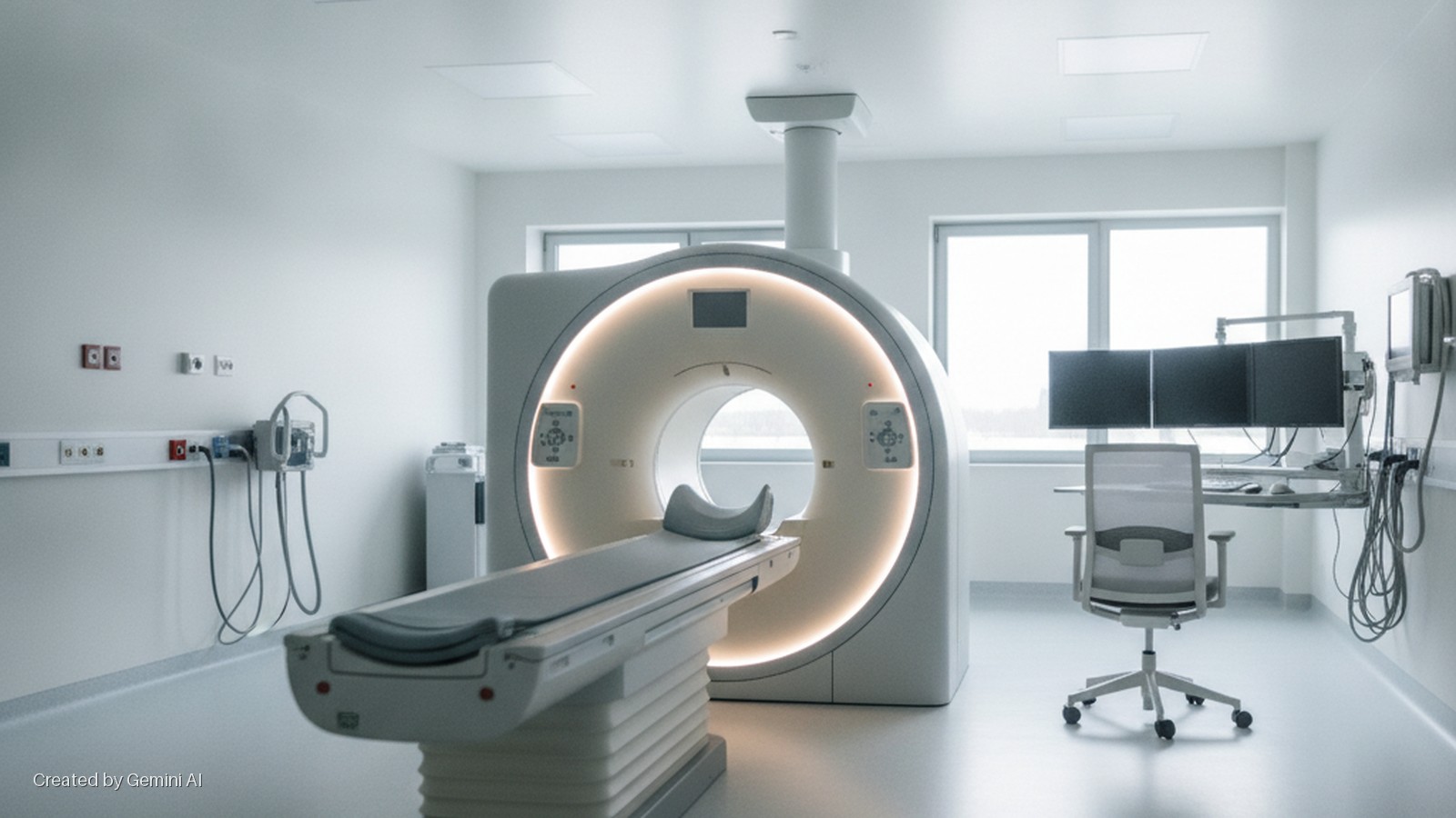 A bright, modern medical imaging room features a large CT scanner with an illuminated ring, an adjustable patient bed, an operator's chair, multiple computer monitors, and wall-mounted medical equipment.