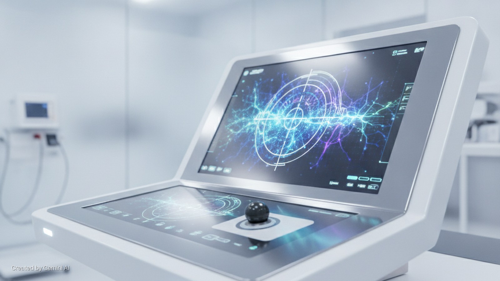 A bright, cool-lit modern medical console features a top screen displaying a blue and purple neural network graphic, a bottom touchscreen with glowing controls and a black joystick, all within a sterile laboratory setting.