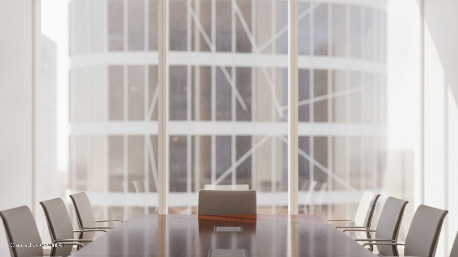A modern conference room features a polished wooden table, grey chairs, and a laptop, illuminated by bright natural light from large windows overlooking a city building.