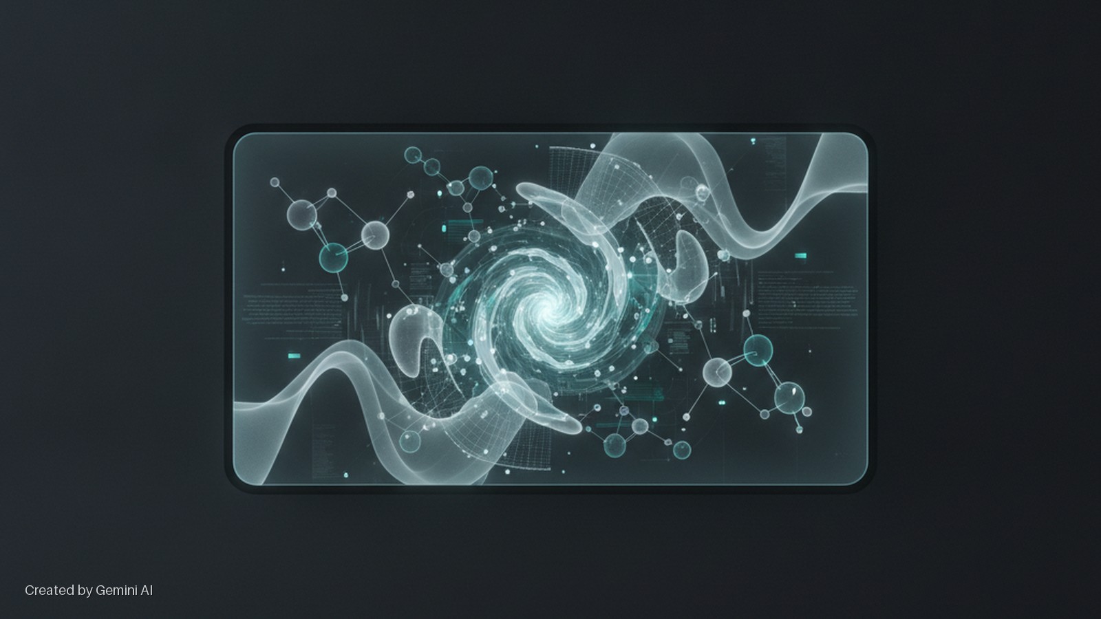 A rectangular screen on a dark background displays a vibrant, swirling teal energy vortex surrounded by transparent molecular diagrams and abstract glowing lines.