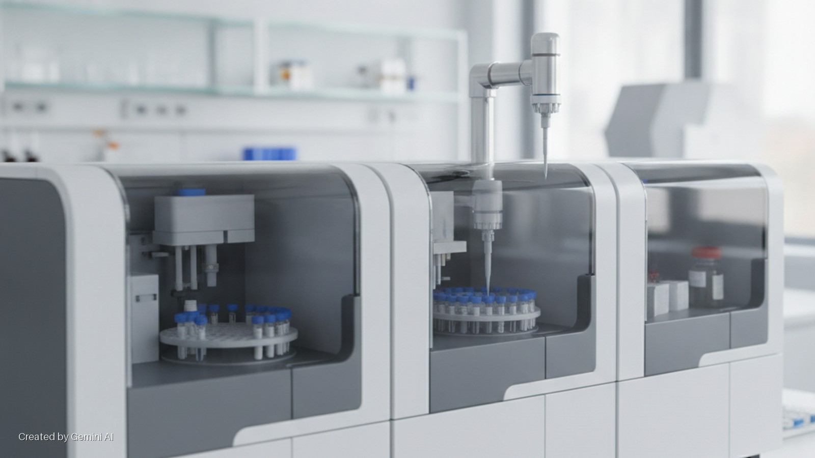 White and grey laboratory automation system with robotic pipetting arms, test tube racks, and reagent vials under bright, diffused lighting in a modern laboratory.
