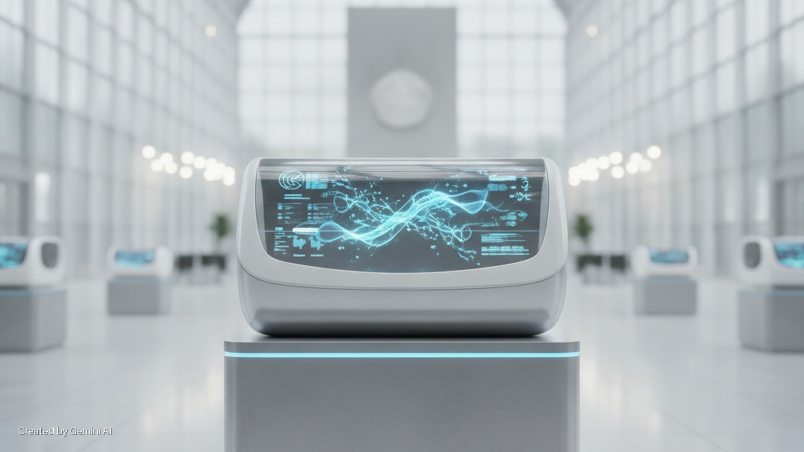 A sleek, rectangular display unit with a transparent top shows a glowing blue abstract pattern and data on a grey pedestal with a blue light band, in a bright, modern, white-walled hall with large windows and other similar units in the back