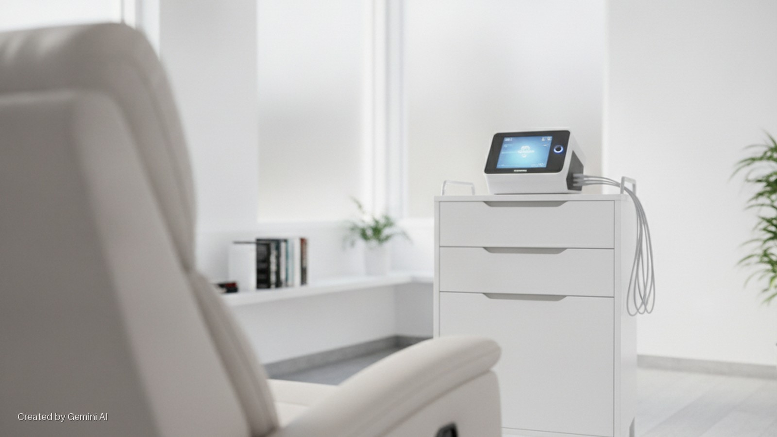 A brightly lit, minimalist medical room features a blurred white treatment chair in the foreground, a medical device with hanging tubes on a three-drawer cabinet, and a window with a plant and books in the background.