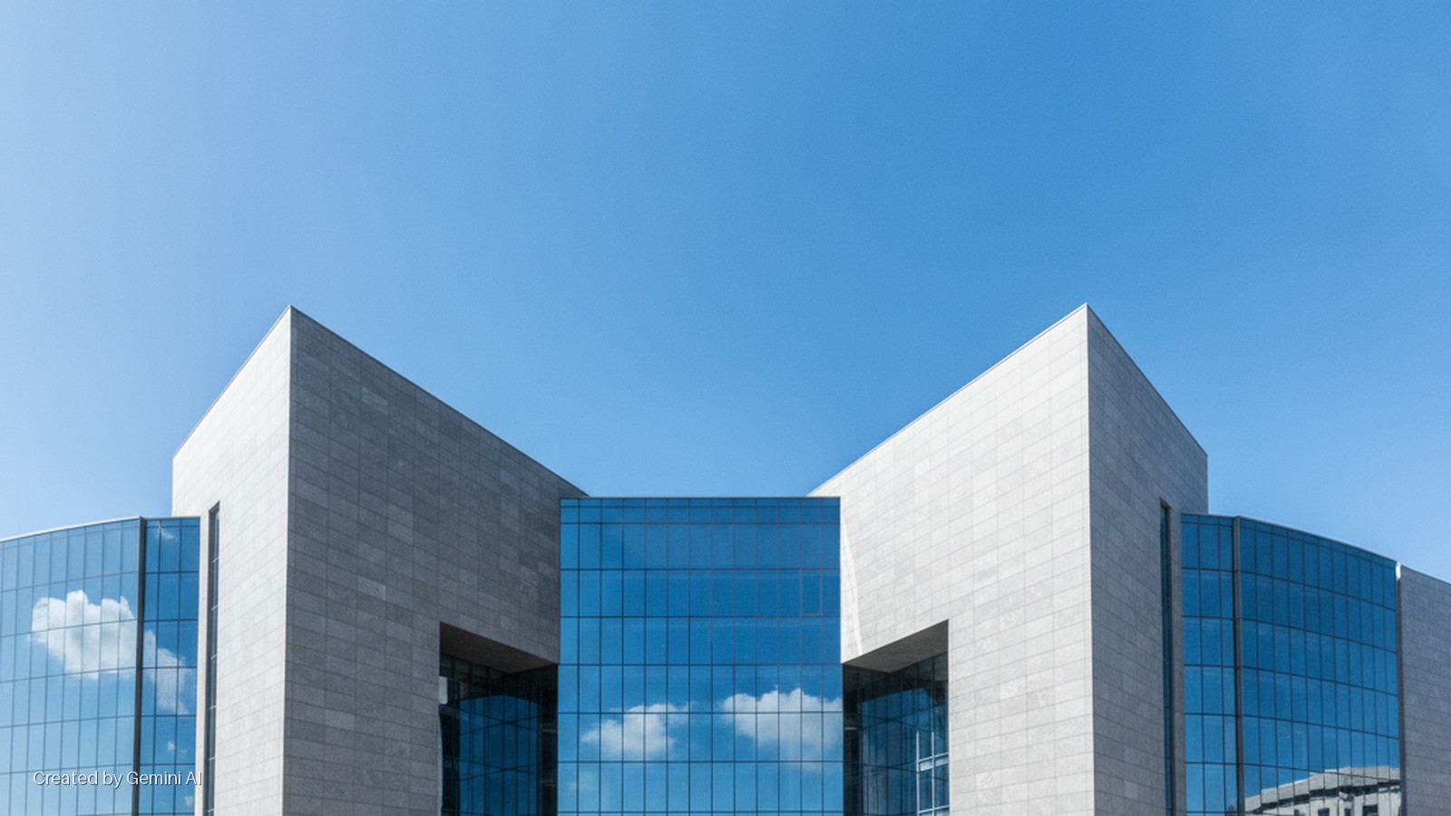 A modern building with angular light grey stone sections and curved, reflective blue glass windows showing cloud reflections under a clear blue sky on a bright day.