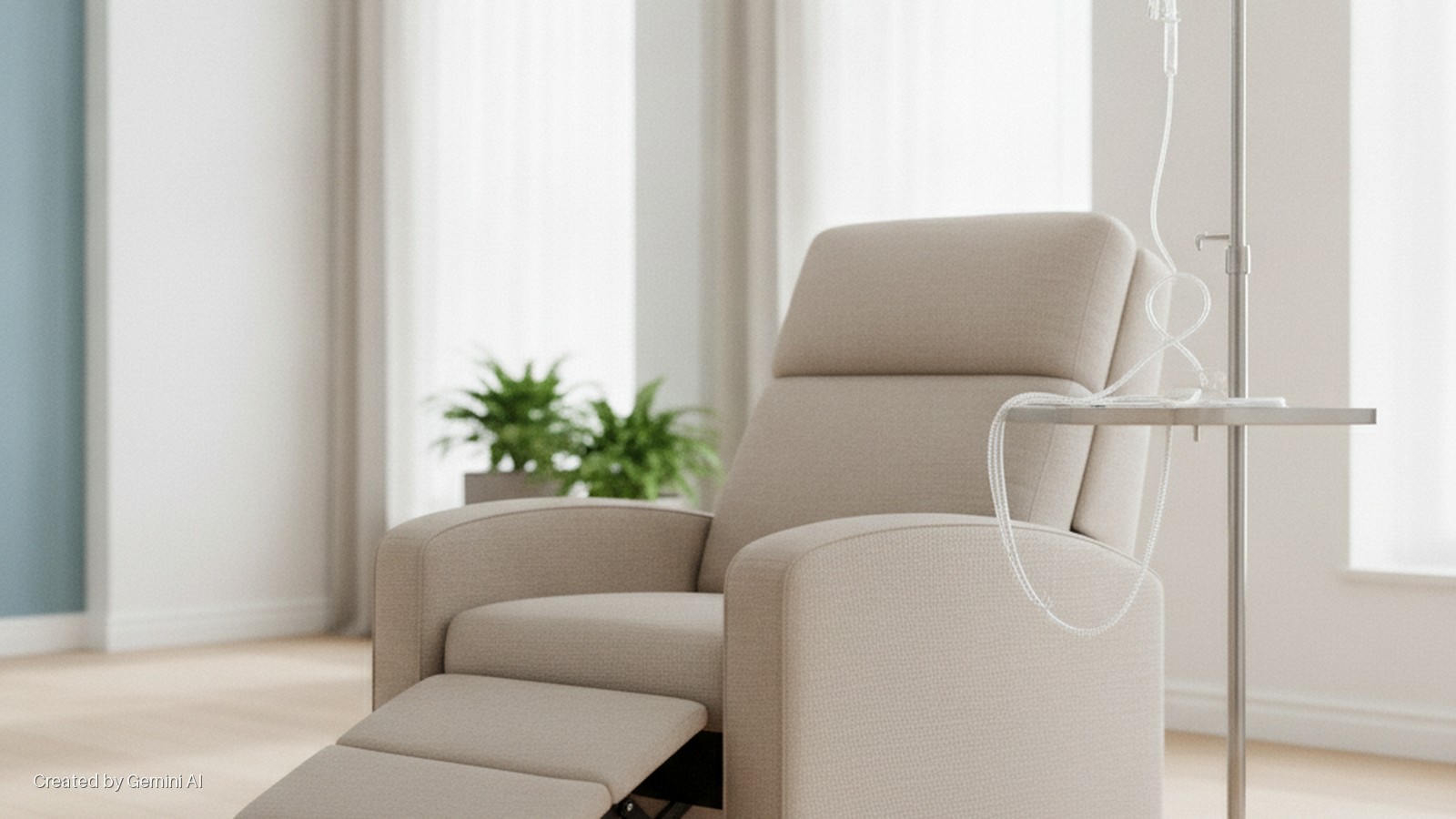 A beige reclining armchair sits in a bright room beside a silver IV pole with clear tubing draped over its attached shelf, with blurred green plants and distant windows in the background.