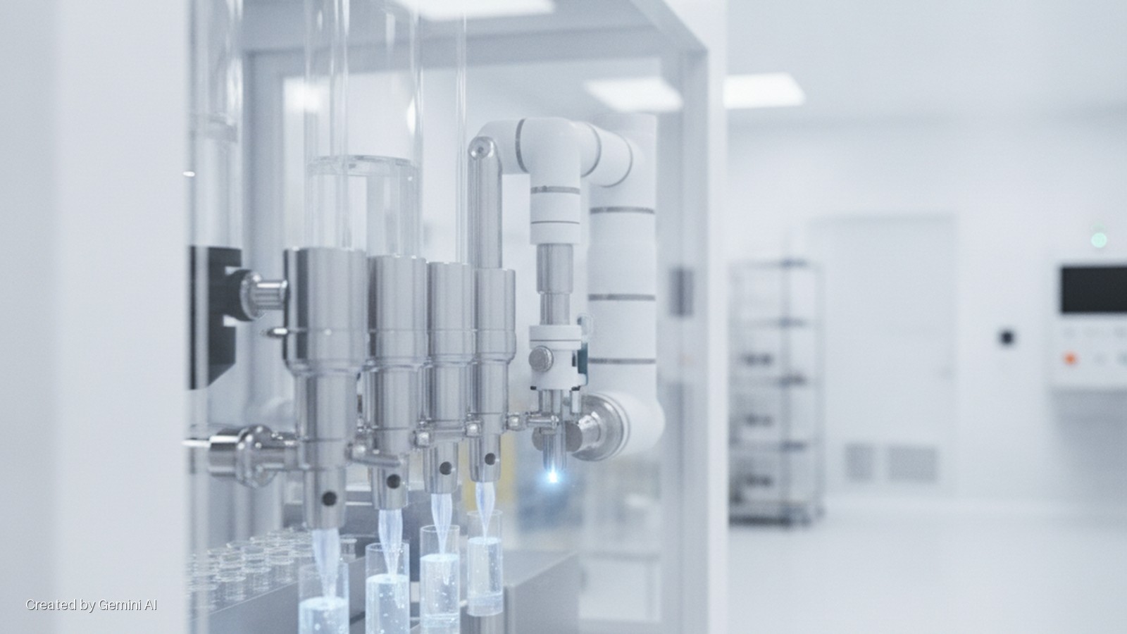 A robotic liquid handling system with multiple silver nozzles dispenses a glowing blue liquid into clear vials within a brightly lit, sterile cleanroom.