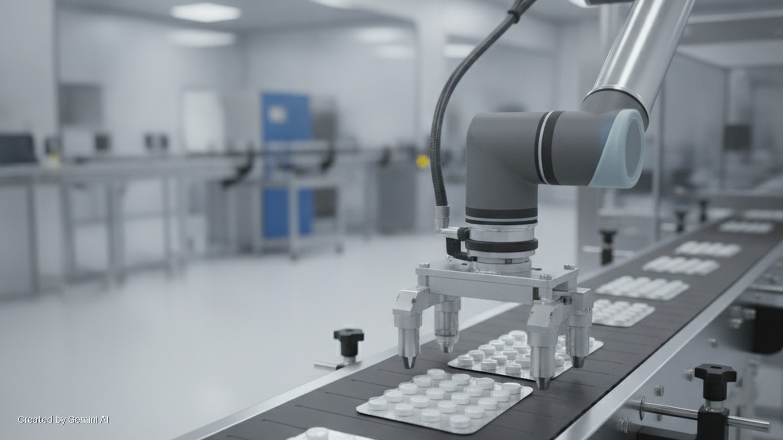 A robotic arm places blister packs of white pills onto a conveyor belt in a brightly lit, sterile pharmaceutical manufacturing facility with tables and blue cabinets visible in the background.