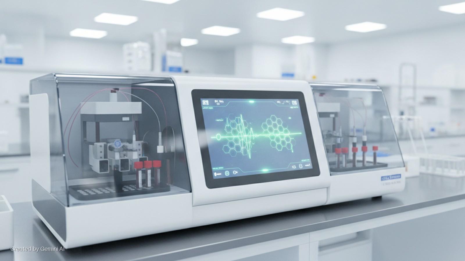 A modern white automated laboratory analyzer with a clear casing displays a green waveform and hexagonal molecular patterns on its screen, holding red-capped test tubes and robotic components on a counter in a brightly lit, clean lab.