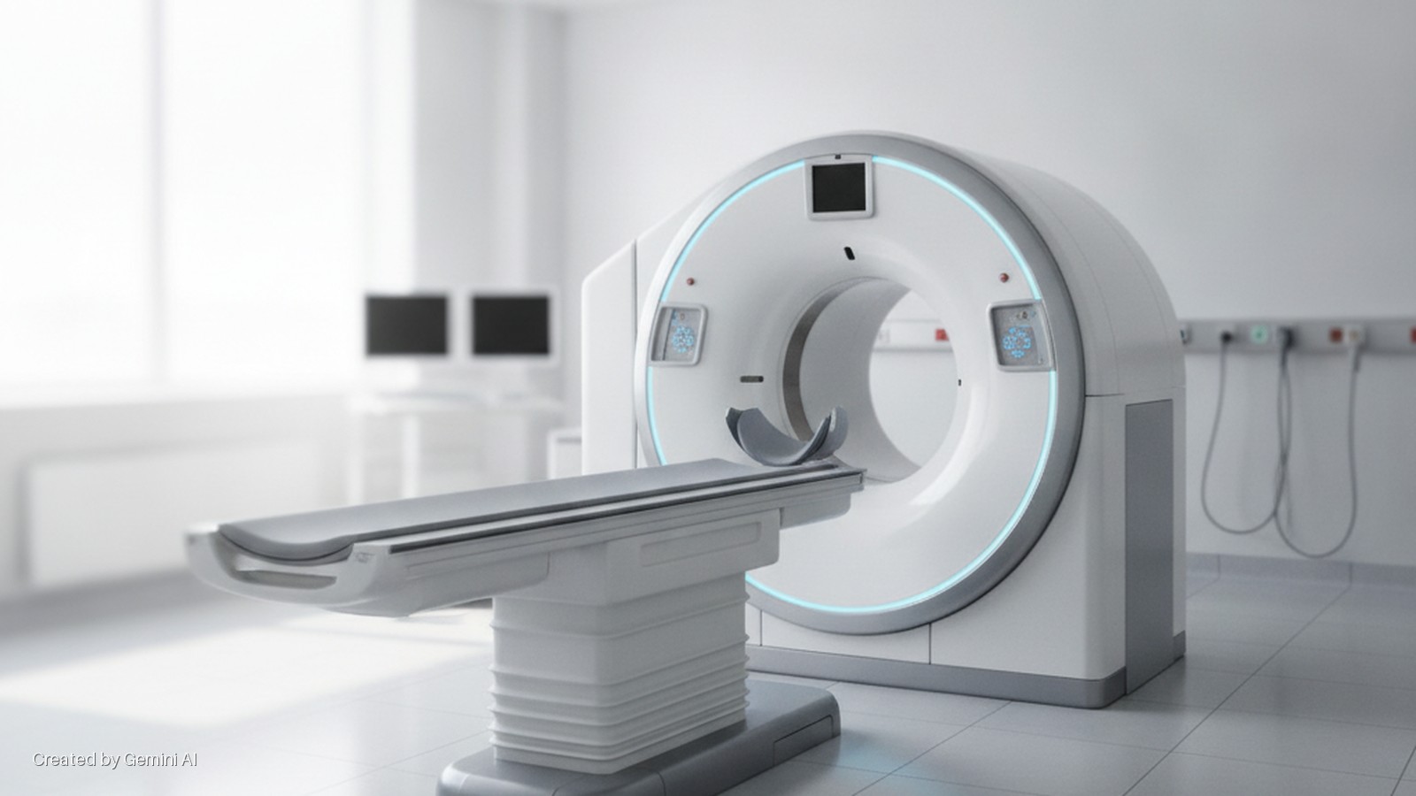 A bright medical examination room features a white CT scanner with blue accent lights, an attached gray patient examination table, and blurred computer monitors in the background.