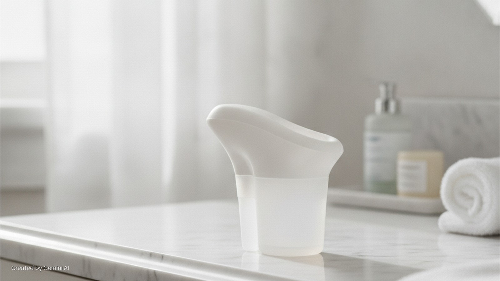 A white, translucent personal care container with a curved top sits on a reflective white marble bathroom counter, with blurred lotion bottles and a rolled white towel in soft, bright light.